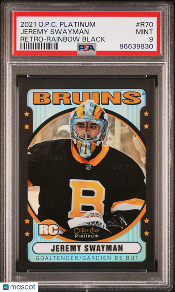 2021-22 O-Pee-Chee Platinum Retro Jeremy Swayman #R70 Rainbow Black Rookie PSA 9