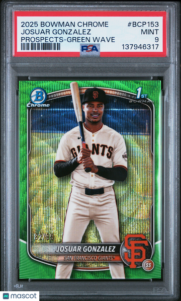 2025 Bowman Chrome Prospects Josuar Gonzalez #BCP153 Green Wave /99 Rookie PSA 9