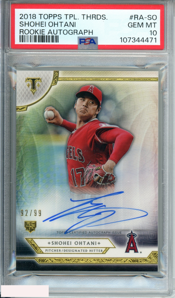 2018 TOPPS TRPL THRDS SHOHEI OHTANI #RA-SO ROOKIE AUTO 92 OF 99 PSA 10 GEM MT