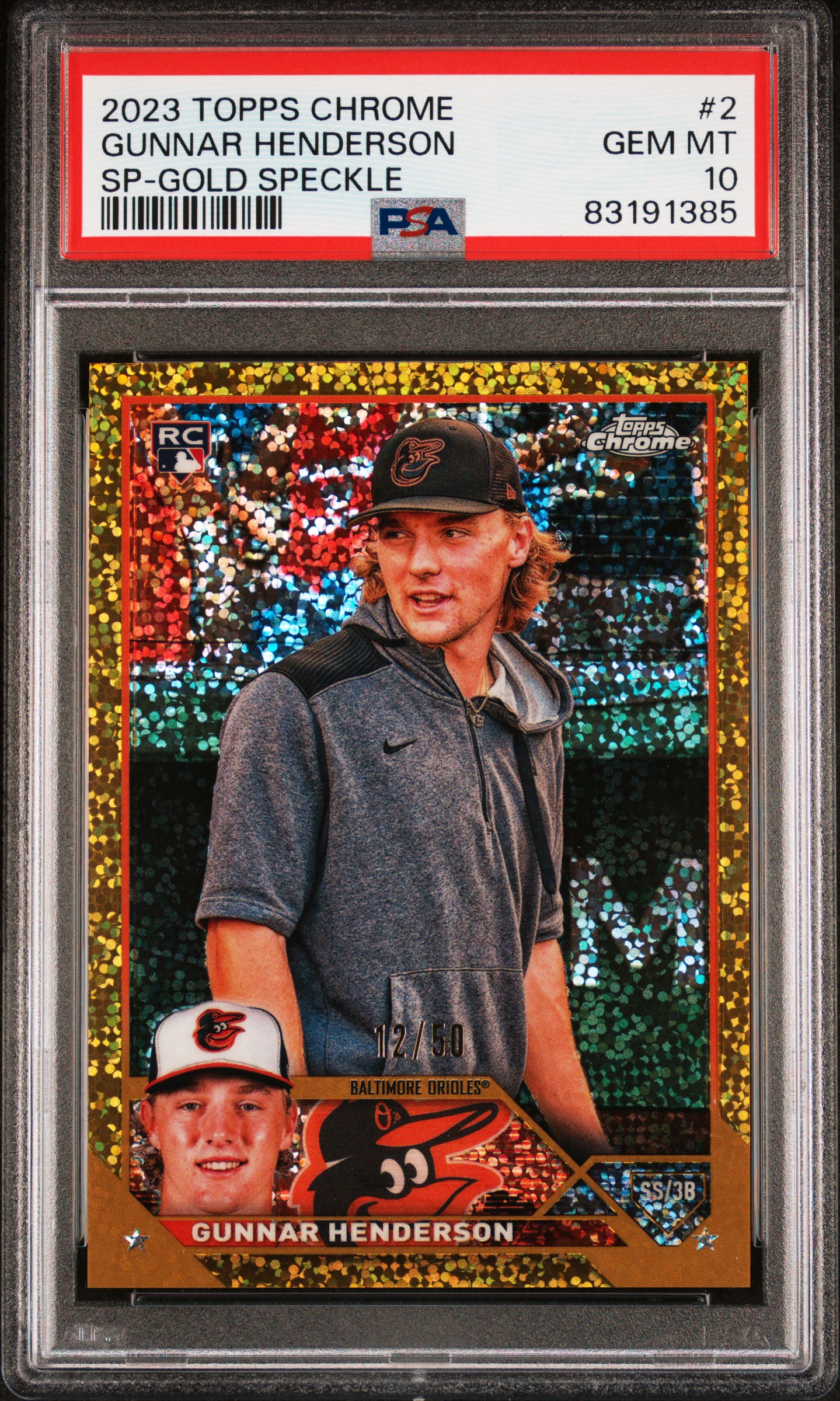 2023 Gunnar Henderson Topps Chrome SP Gold Speckle /50 #2 PSA 10 RC Orioles