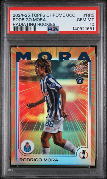 2024-25 TOPPS CHROME UEFA UCC RADIATING ROOKIES RODRIGO MORA SSP #RR5 RC PSA 10