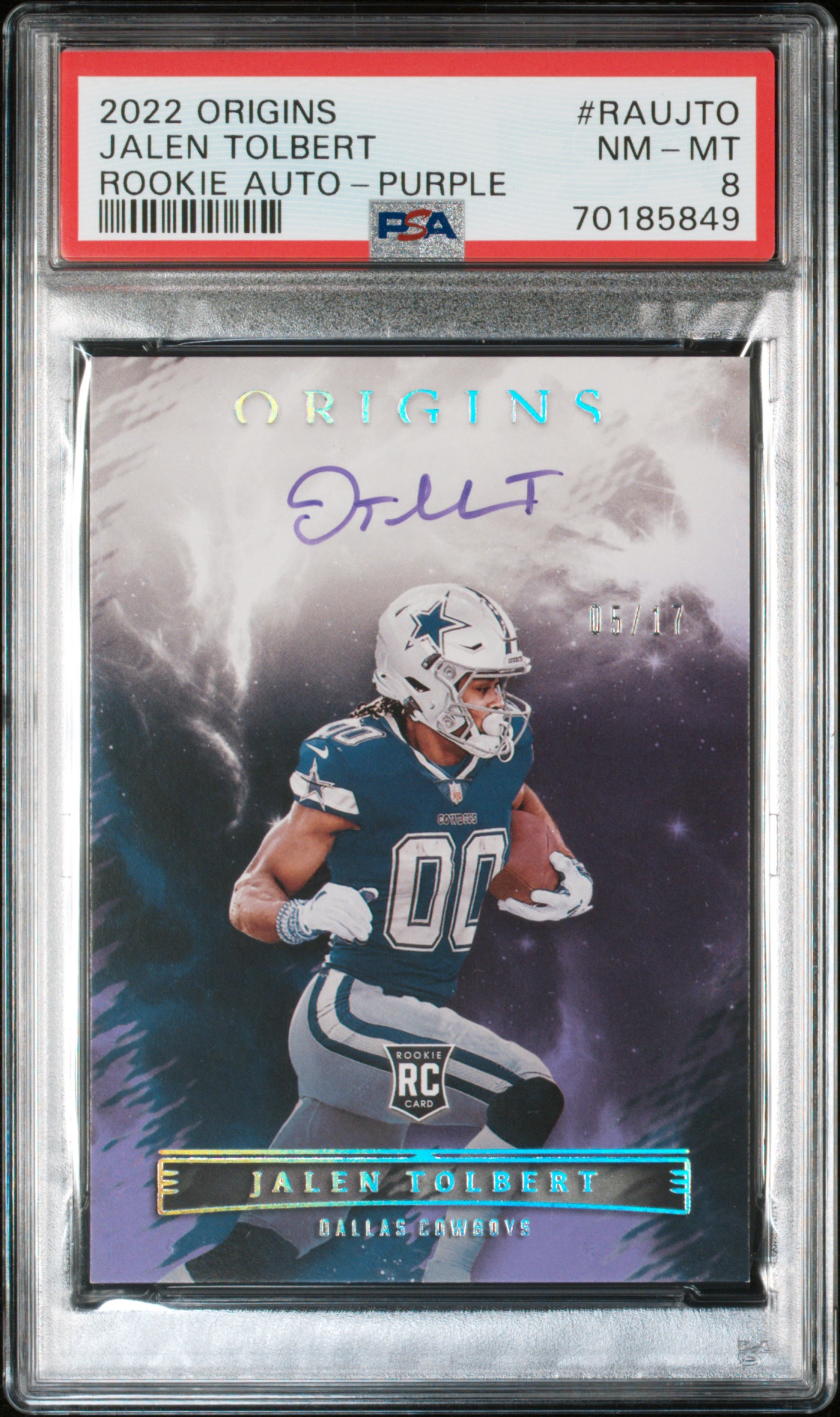 2022 Origins Rookie Autographs Jalen Tolbert Purple #5/17 - PSA 8