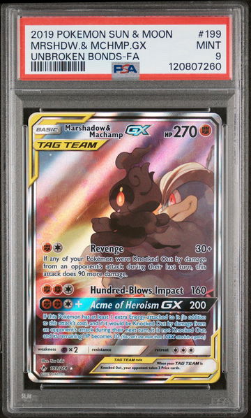 2019 Pokemon Sun and Moon Unbroken Bonds Machamp/Marshadow Gx #199 PSA 9