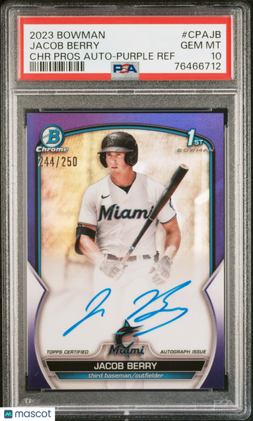 2023 Bowman Chrome Prospect Autographs Jacob Berry #CPAJB Purple Ref /250 PSA 10