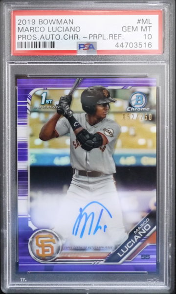 BGS 9.5 - 2019 BOWMAN CHROME MARCO LUCIANO (052/250) PURPLE REFRACTORS AUTO