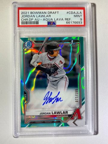 PSA 9 2021 Bowman Chrome Draft Jordan Lawler Aqua Lava Refractor Auto #'ed/199