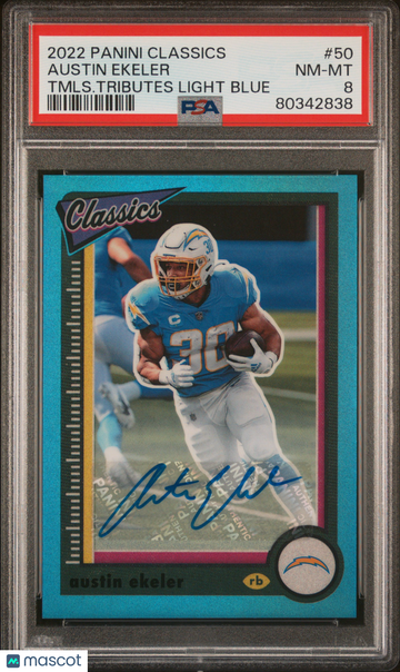 2022 Panini Classics Austin Ekeler #50 Tmls. Tributes Light Blue PSA 8