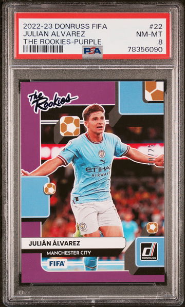 2022 DONRUSS JULIAN ALVAREZ PANINI FIFA THE ROOKIES PURPLE #22 PSA 8