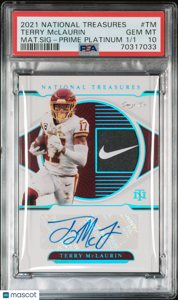 2021 Panini National Treasures Material Signatures Terry Mclaurin #TM Mat. SIG Prime Platinum /1 PSA 10
