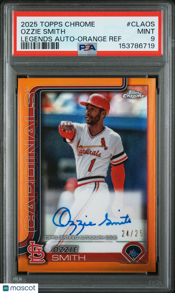 2025 Topps Chrome Legend Autographs Ozzie Smith #CLAOS Legends Orange Ref /25 PSA 9 Topps