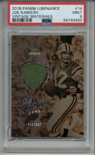 2018 PANINI LUMINANCE VINTAGE MATERIALS #14 JOE NAMATH CARD JETS PSA 9 LOW POP