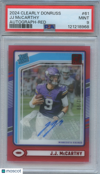 2024 Panini Clearly Donruss J.J. McCarthy #61 Red Autographs Parallel/Variety Rookie Base Set PSA 9