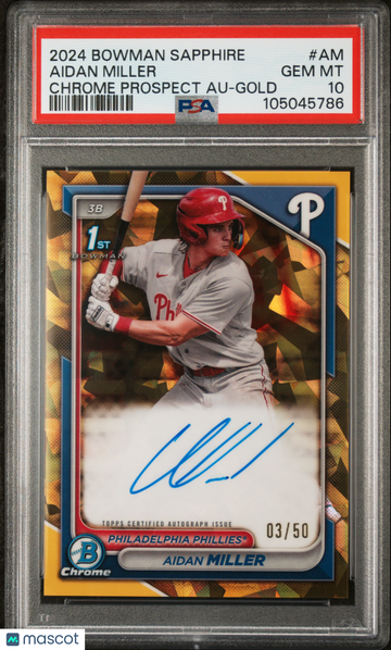2024 Bowman Sapphire Edition Chrome Prospects Sapphire Autographs Aidan Miller #AM Gold /50 PSA 10