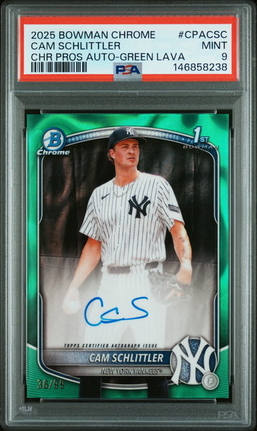 2025 Bowman Chrome Prospect Autograph Green Lava Refractor Cam Schlittler #CPACSC /99 PSA 9