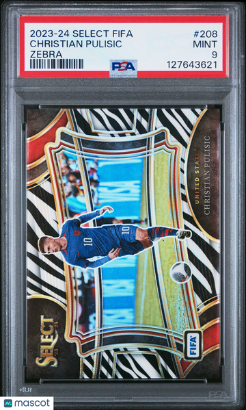2023-24 Panini Select FIFA Christian Pulisic #208 Zebra Field Level /25 Short Print Parallel/Variety PSA 9