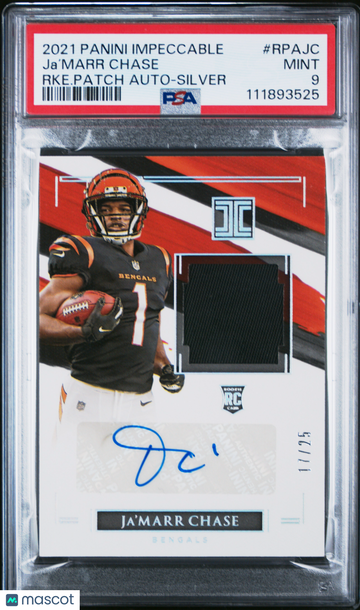 2021 Panini Impeccable Rookie Patch Autograph Ja’Marr Chase #RPAJC RKE. Patch Silver /25 PSA 9