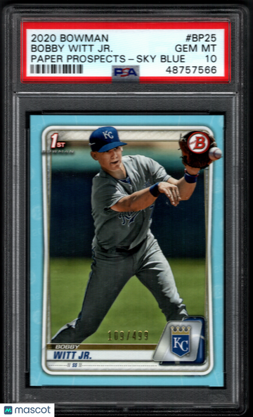2020 Bowman Paper Prospects Bobby Witt Jr. #BP25 Sky Blue /499 Parallel/Variety Rookie PSA 10