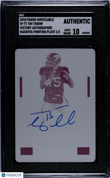 2018 Panini Impeccable Tim Tebow #IV-TT Victory Autograph Magenta Printing Plate SGC A Auto 10