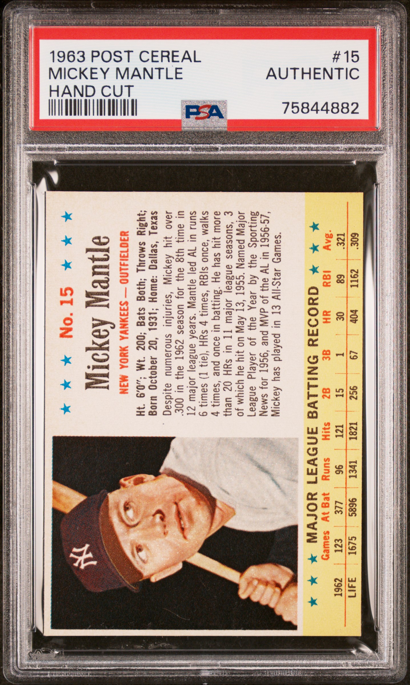 1963 Post Cereal  #15 Mickey Mantle PSA AUTHENTIC CLEAN BACK