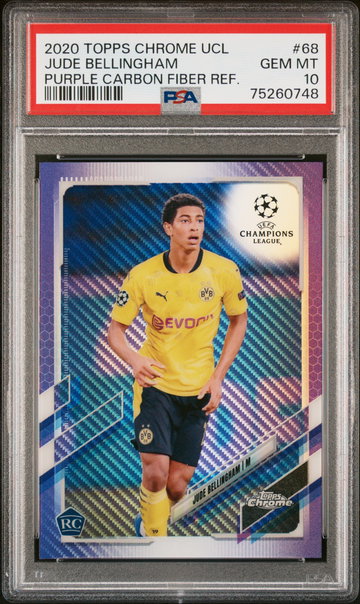 2020 TOPPS CHROME UEFA UCC JUDE BELLINGHAM PURPLE CARBON SP #68 ROOKIE PSA 10