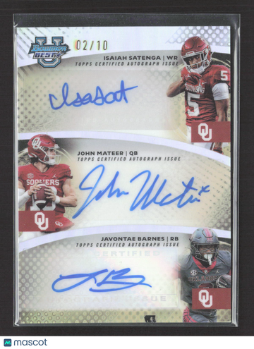 2025 Topps Bowman University Best Football Javontae Barnes Isaiah Satenga John Mateer #TA-OU /10 Triple Autograph