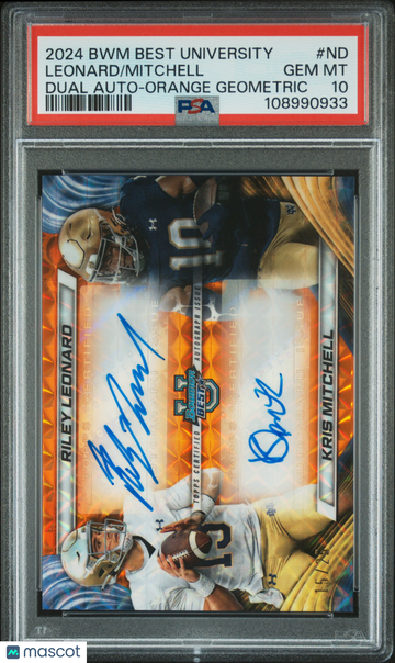 2024 Bowman Best University Dual Autographs Mitchell Leonard #ND Orange Geometric /25 PSA 10