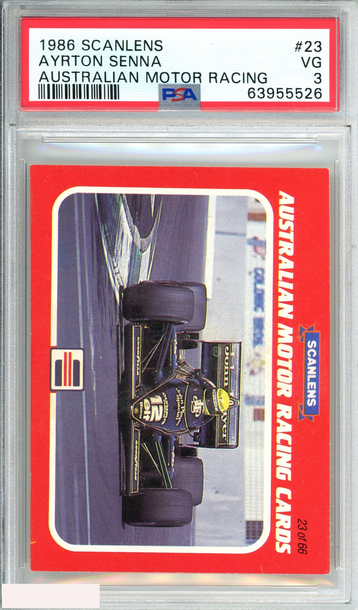 1986 SCANLENS AYRTON SENNA #23 AUSTRALIAN LOTUS POP 1 ROOKIE PSA 3 VG
