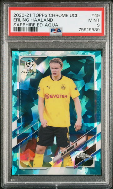 2020 TOPPS CHROME UEFA CHAMPIONS LEAGUE SAPPHIRE ERLING HAALAND AQUA #49 PSA 9