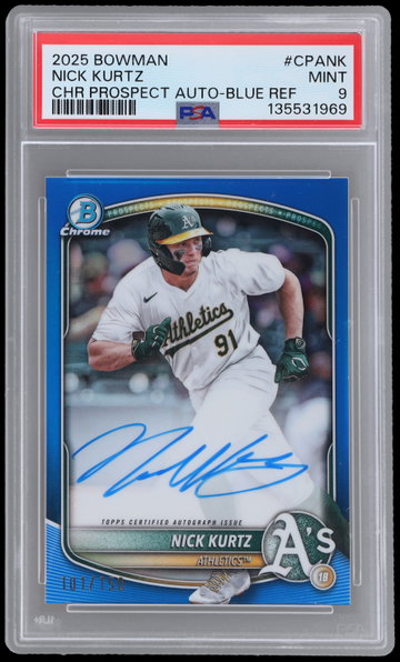 2025 Bowman Chrome Nick Kurtz Prospect Autograph Blue Refractor PSA 9