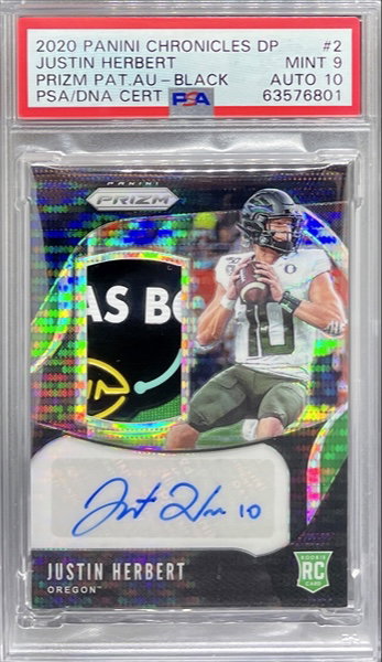 2020 Panini Chronicles DP JUSTIN HERBERT Patch Auto BLACK Rookie - PSA 9 Pop 1!