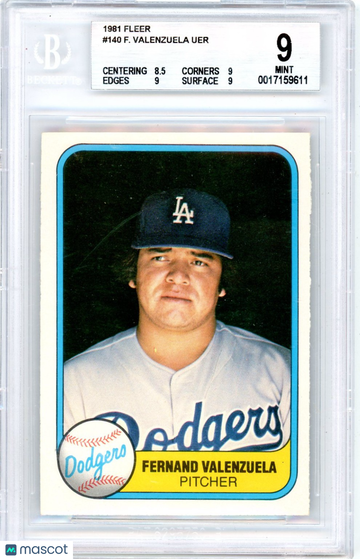 1981 Fleer UER Misspelled Fernand on card Fernando Valenzuela #140 /UER Rookie BGS 9