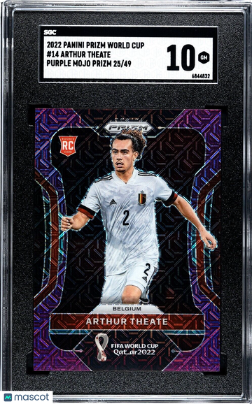 2022 Panini Prizm World Cup Arthur Theate #14 Purple Mojo Prizm Rookie SGC 10
