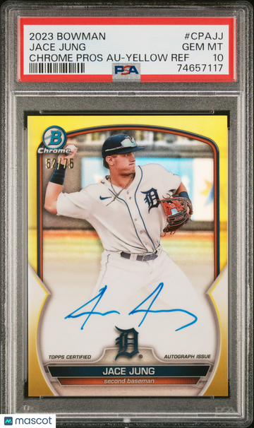 2023 Bowman Chrome Prospect Autographs Jace Jung #CPAJJ Yellow Ref /75 PSA 10 Topps