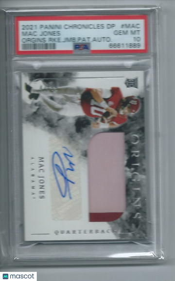 2021 Panini Chronicles Draft Picks Origins Rookie Jumbo Patch Autograph Mac Jones #MAC Orgins RKE. JMB. Pat. Autograph P