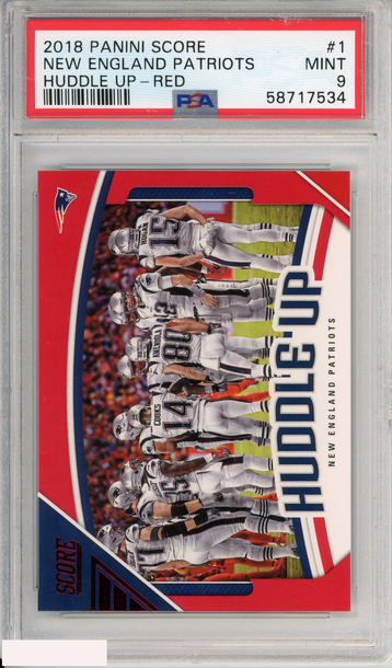 2018 PANINI SCORE NEW ENGLAND PATRIOTS #1 HUDDLE UP-RED PSA 9 MINT
