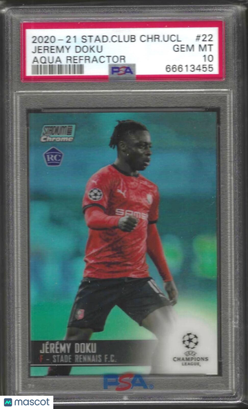 2020 Stadium Club Chrome UEFA Champions League Jeremy Doku #22 Aqua Refractor PSA 10