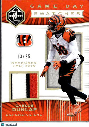 Carlos Dunlap 2018 Panini Limited Game Day Swatches Game-used material Patch /25 Cincinnati Bengals