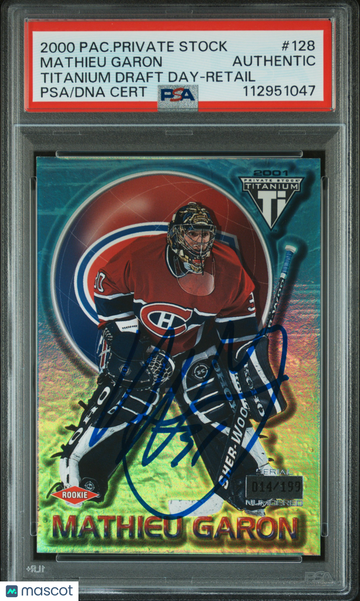 2000-01 Pacific Private Stock Draft Day Mathieu Garon #128 Titanium Retail /199 Rookie PSA A Auto A