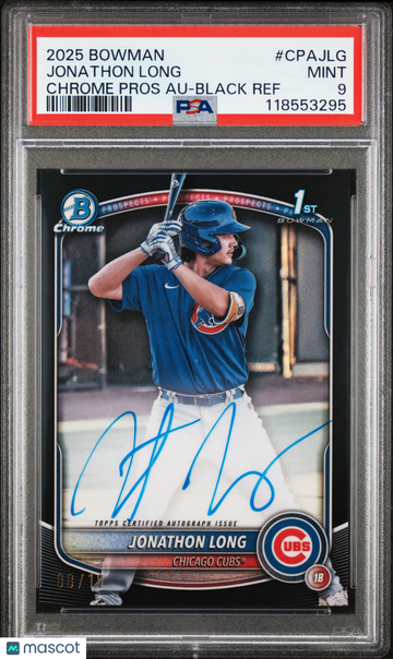 2025 Bowman Chrome Prospect Autographs Jonathon Long #CPAJLG Black Ref /10 PSA 9
