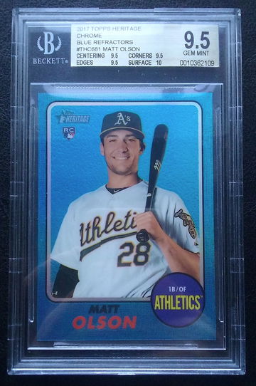 MATT OLSON 2017 HERITAGE CHROME BLUE REFRACTOR /68 BGS 9.5