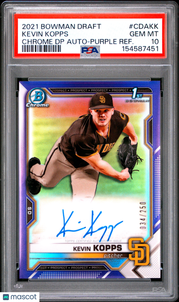 2021 Bowman Draft Pick Autographs Kevin Kopps #CDAKK Purple Refractor /250 PSA 10