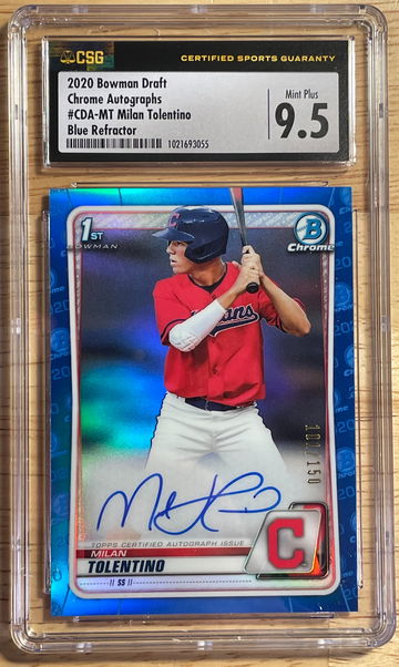 2020 Bowman Draft Chrome Autographs Milan Tolentino Blue Refractor Auto #/150 Guardians Indians