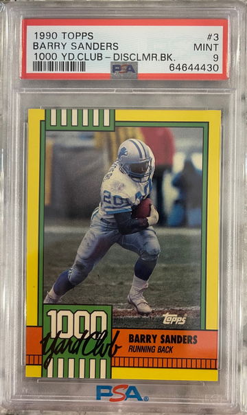 1990 TOPPS BARRY SANDERS 1000 YARD CLUB CARD #3 PSA 9 DISCLAMIER BACK New Case