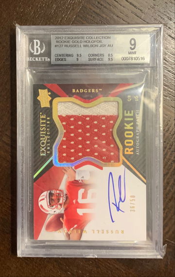 2012 Exquisite Russell Wilson Gold Holofoil  rookie patch Auto /50  BGS 9 w/ 10 Auto