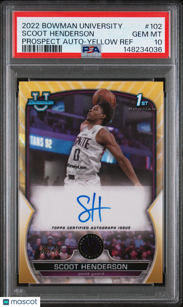 2022 Bowman Chrome University Scoot Henderson #102 Prospect Auto Yellow Ref /75 Short Print Nicely Centered Mint Paralle