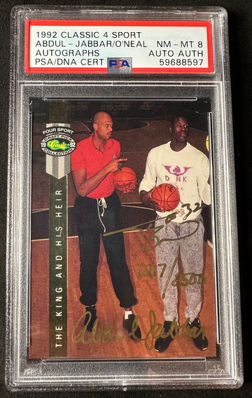 KAREEM ABDUL-JABBAR SHAQUILLE O'NEAL DAUL AUTO /2500 1992 CLASSIC 4 SPORT PSA 8