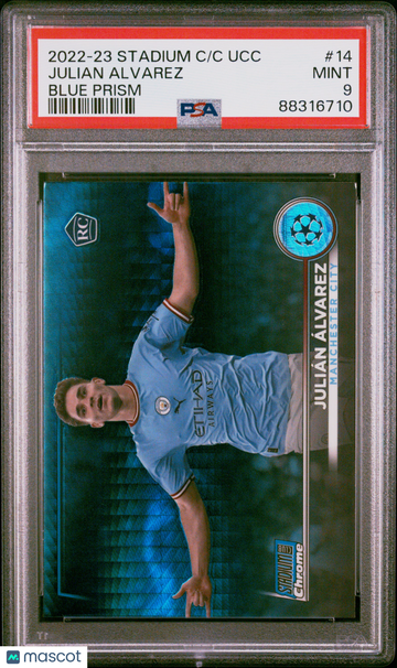 2022-23 Topps Stadium Club Chrome UEFA Club Competitions Julian Alvarez #14 Blue Prism Refractor PSA 9