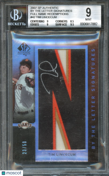 2007 SP Authentic By the Letter Signatures Full Name Redemptions Tim Lincecum #42 /2 BGS 9 Auto 10