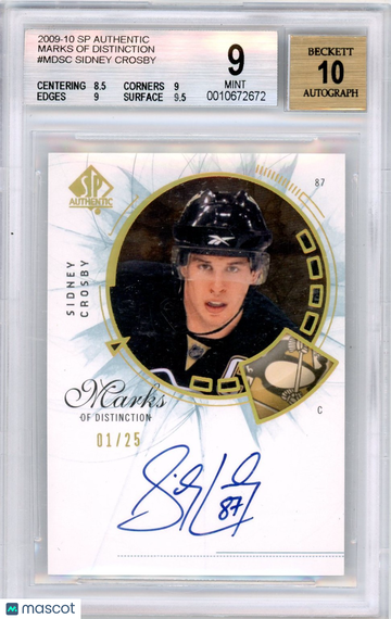 2009 SP Authentic Marks of Distinction Sidney Crosby #MDSC BGS 9 Auto 10