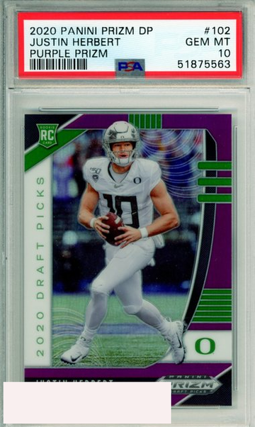 2020 PANINI PRIZM DRAFT PICKS JUSTIN HERBERT #102 PURPLE PRIZM RC PSA 10 GEM MT